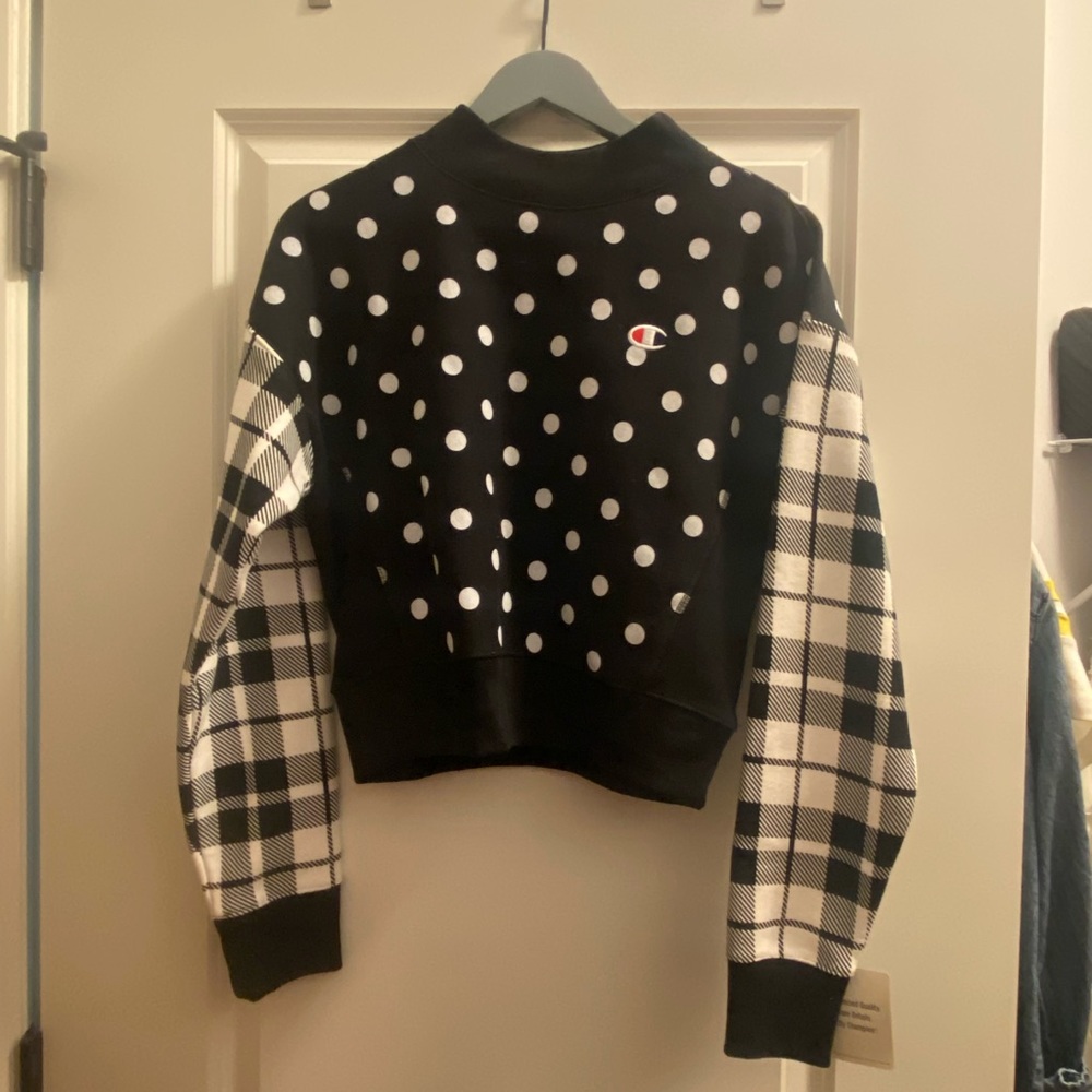 Champion Black & White Polka Dot Plaid Sleeve Cropped Sweatshirt